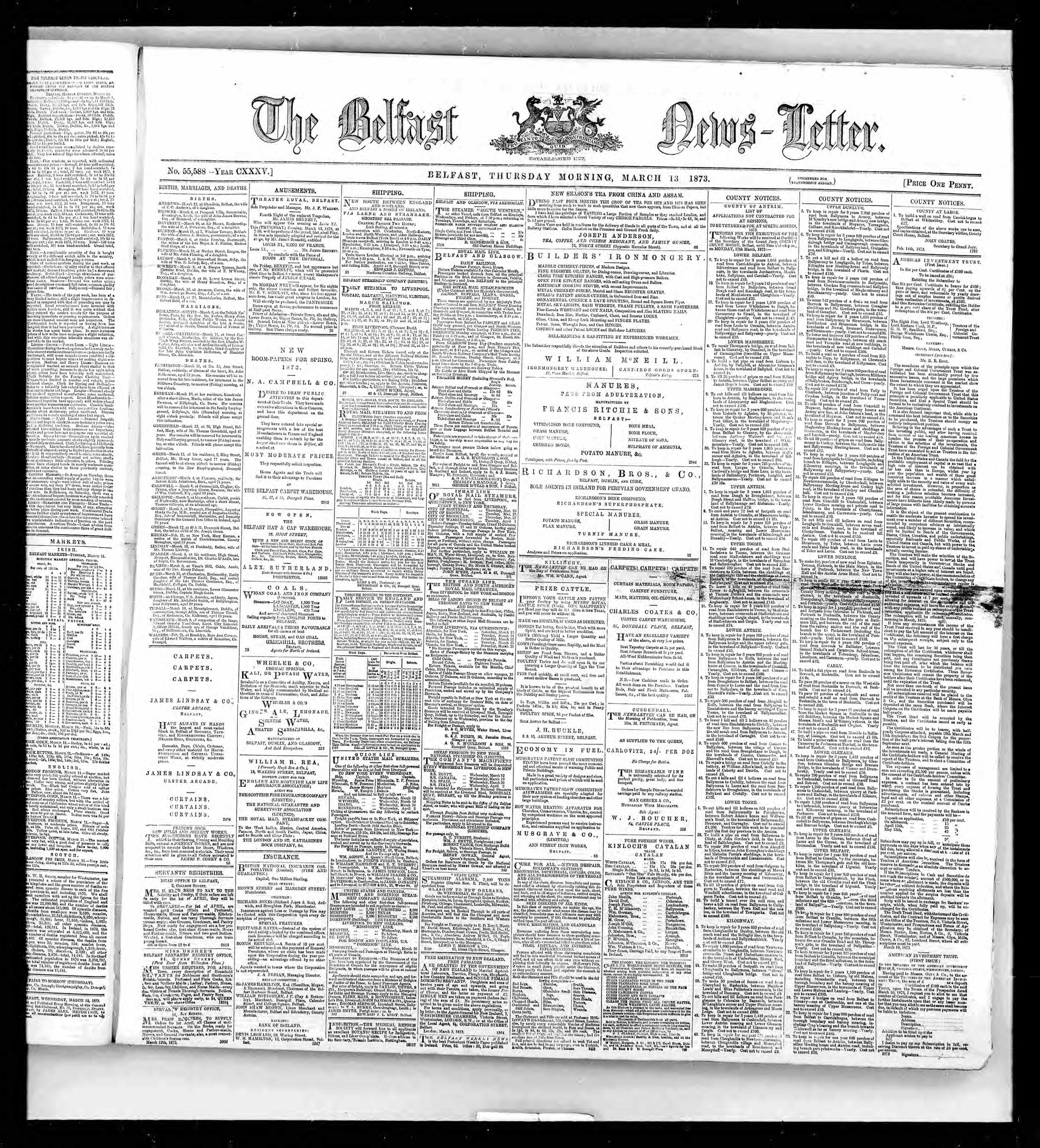 Belfast, Northern Ireland, The Belfast Newsletter (Birth, Marriage and Death Notices), 1738-1925